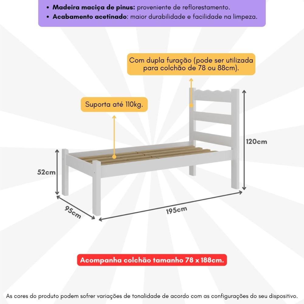 Cama de Solteiro Madeira Maciça com Colchão Incluso Multimóveis CR35256 Branco