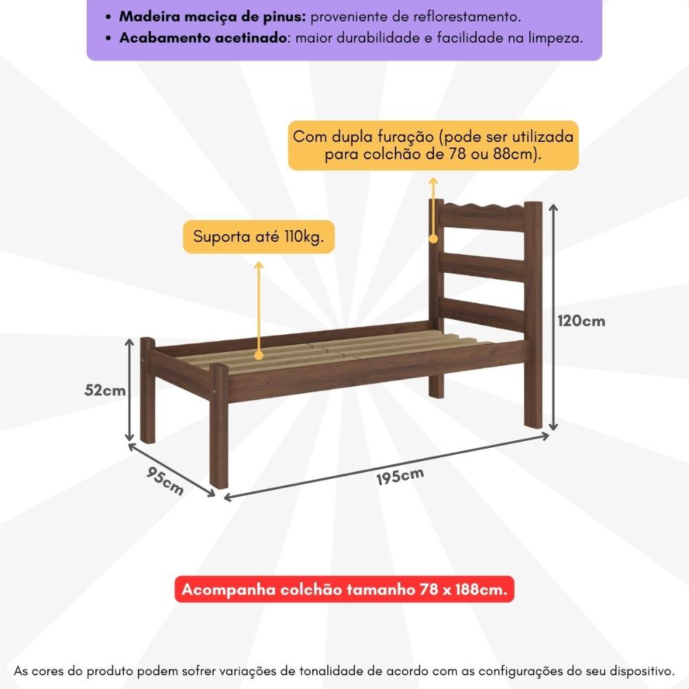 Cama de Solteiro Madeira Maciça com Colchão Incluso Multimóveis CR35256 Imbuia