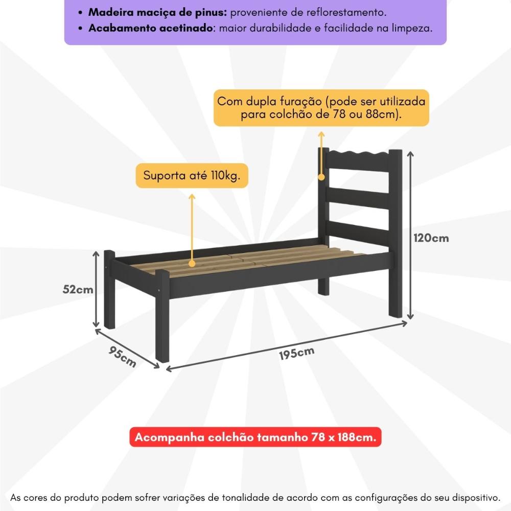 Cama de Solteiro Madeira Maciça com Colchão Incluso Multimóveis CR35256 Preto