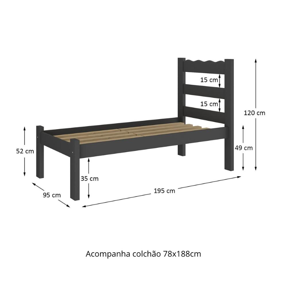Cama de Solteiro Madeira Maciça com Colchão Incluso Multimóveis CR35256 Preto