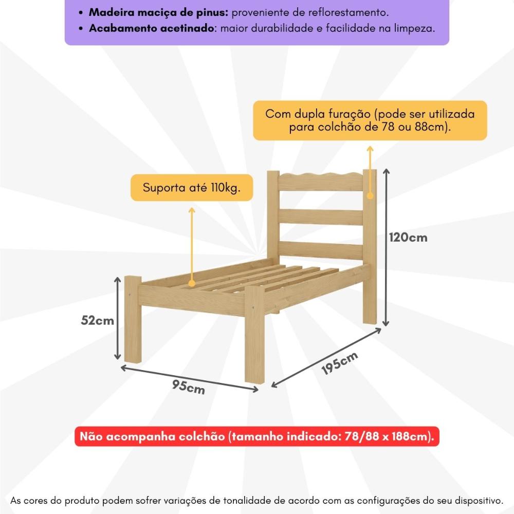 Cama de Solteiro Madeira Maciça para Colchão 78/88x188cm Multimóveis CR35254 - Natural