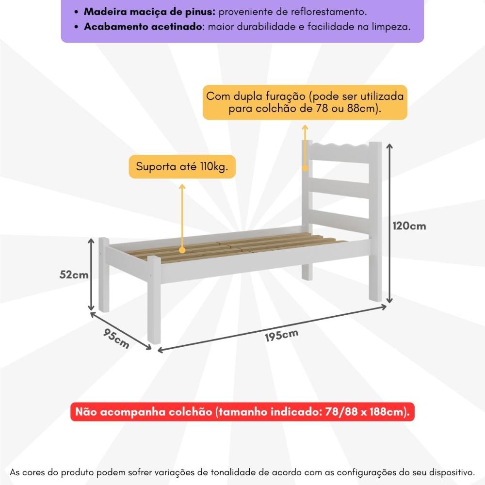 Cama de Solteiro Madeira Maciça para Colchão 78/88x188cm Multimóveis CR35254 Branco