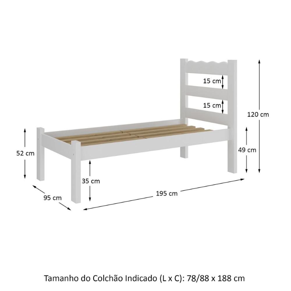 Cama de Solteiro Madeira Maciça para Colchão 78/88x188cm Multimóveis CR35254 Branco