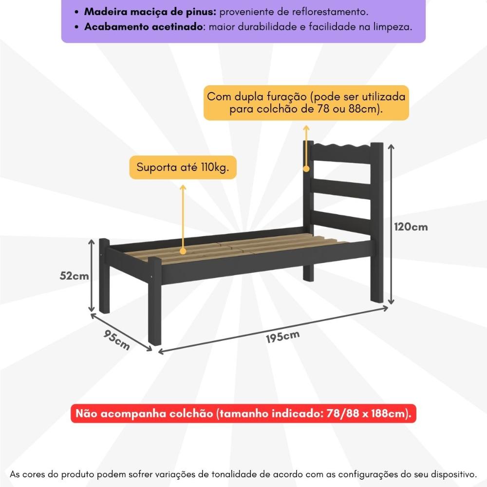 Cama de Solteiro Madeira Maciça para Colchão 78/88x188cm Multimóveis CR35254 Preto