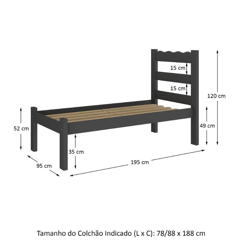 Cama de Solteiro Madeira Maciça para Colchão 78/88x188cm Multimóveis CR35254 Preto