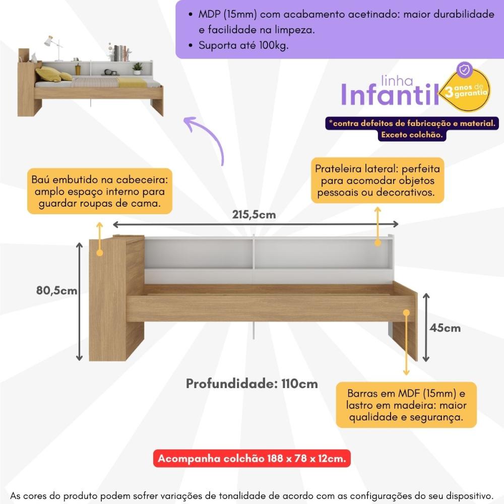 Cama de Solteiro com Colchão Incluso Baú Embutido e Prateleira Multimóveis MP4260 Rustic/Branco