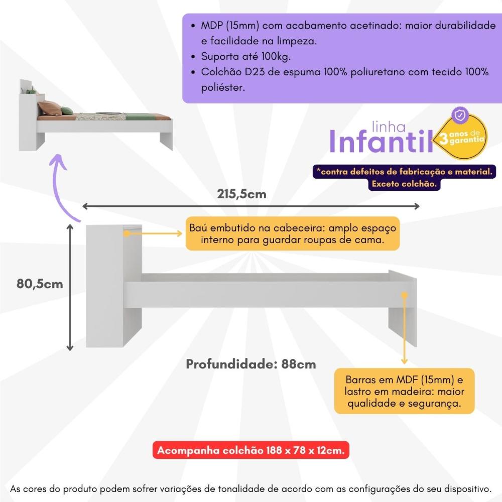 Cama de Solteiro com Colchão Incluso e Baú Embutido Multimóveis MP4232 Branco