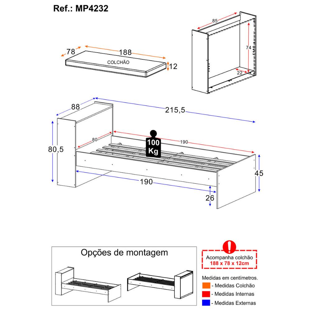 Cama de Solteiro com Colchão Incluso e Baú Embutido Multimóveis MP4232 Branco