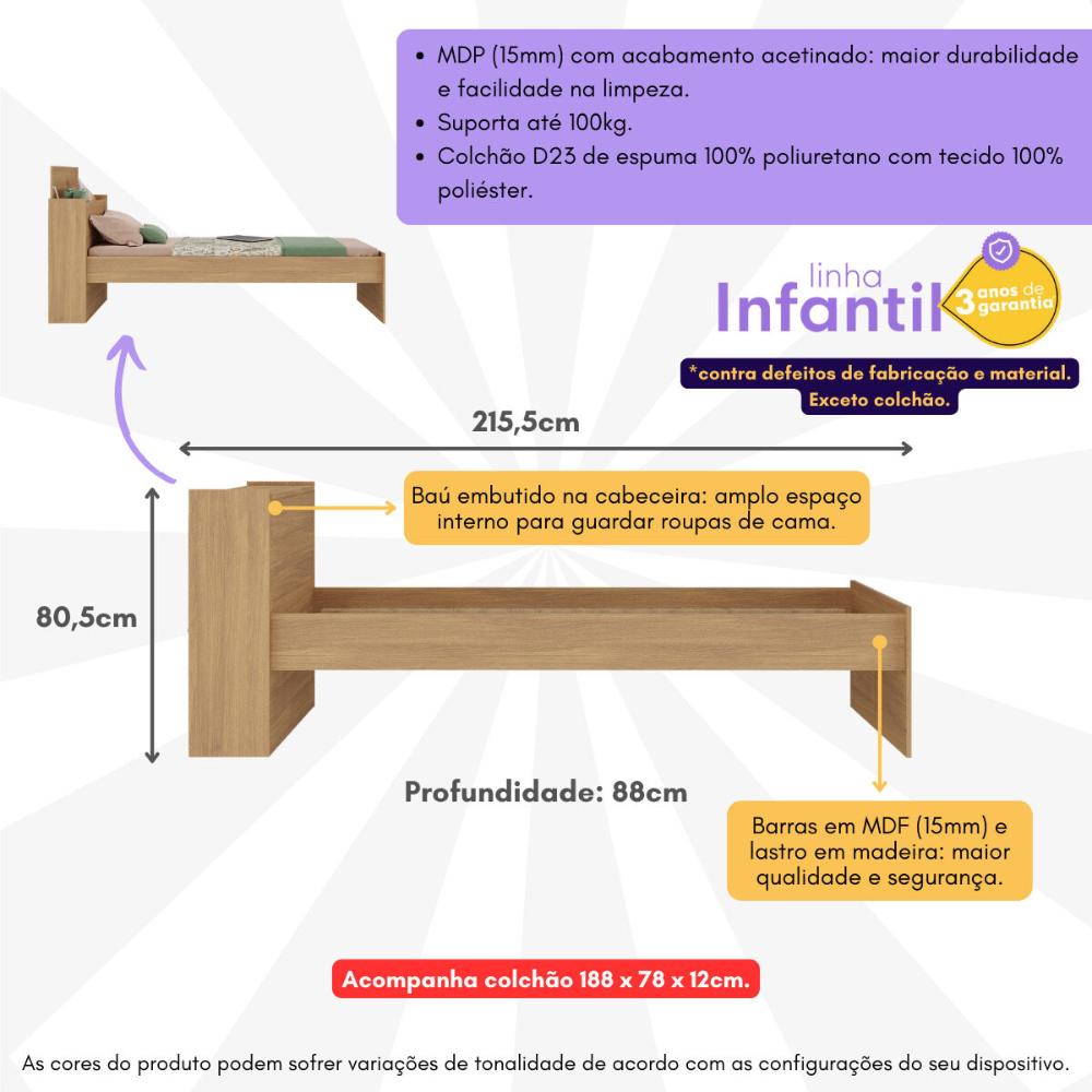 Cama de Solteiro com Colchão Incluso e Baú Embutido Multimóveis MP4232 Rustic