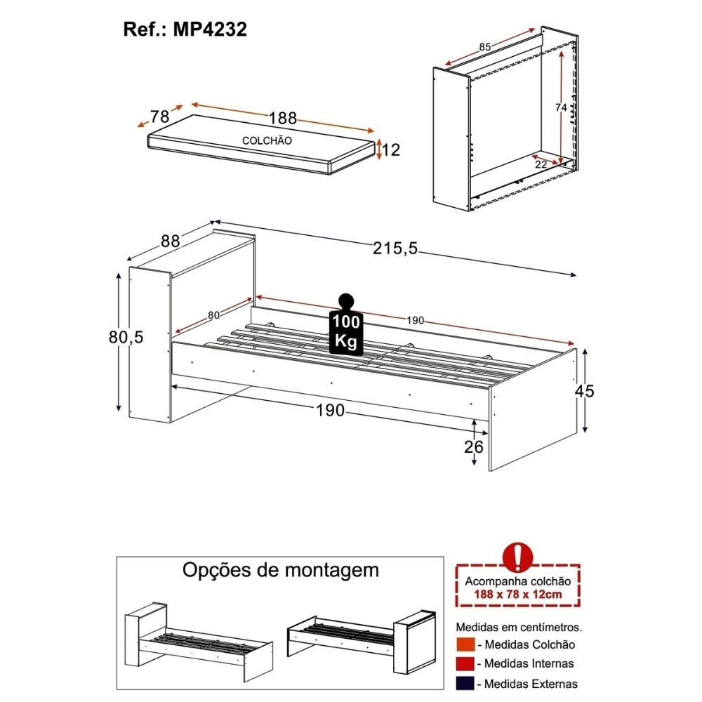 Cama de Solteiro com Colchão Incluso e Baú Embutido Multimóveis MP4232 Rustic