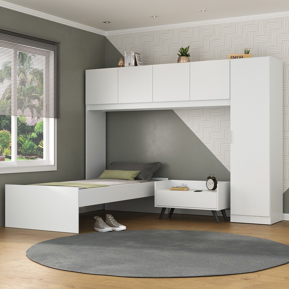 Cama de Solteiro com Colchão/Guarda Roupa/Mesa de Cabeceira Retrô Dublin Multimóveis MP4037 Bca/Pta