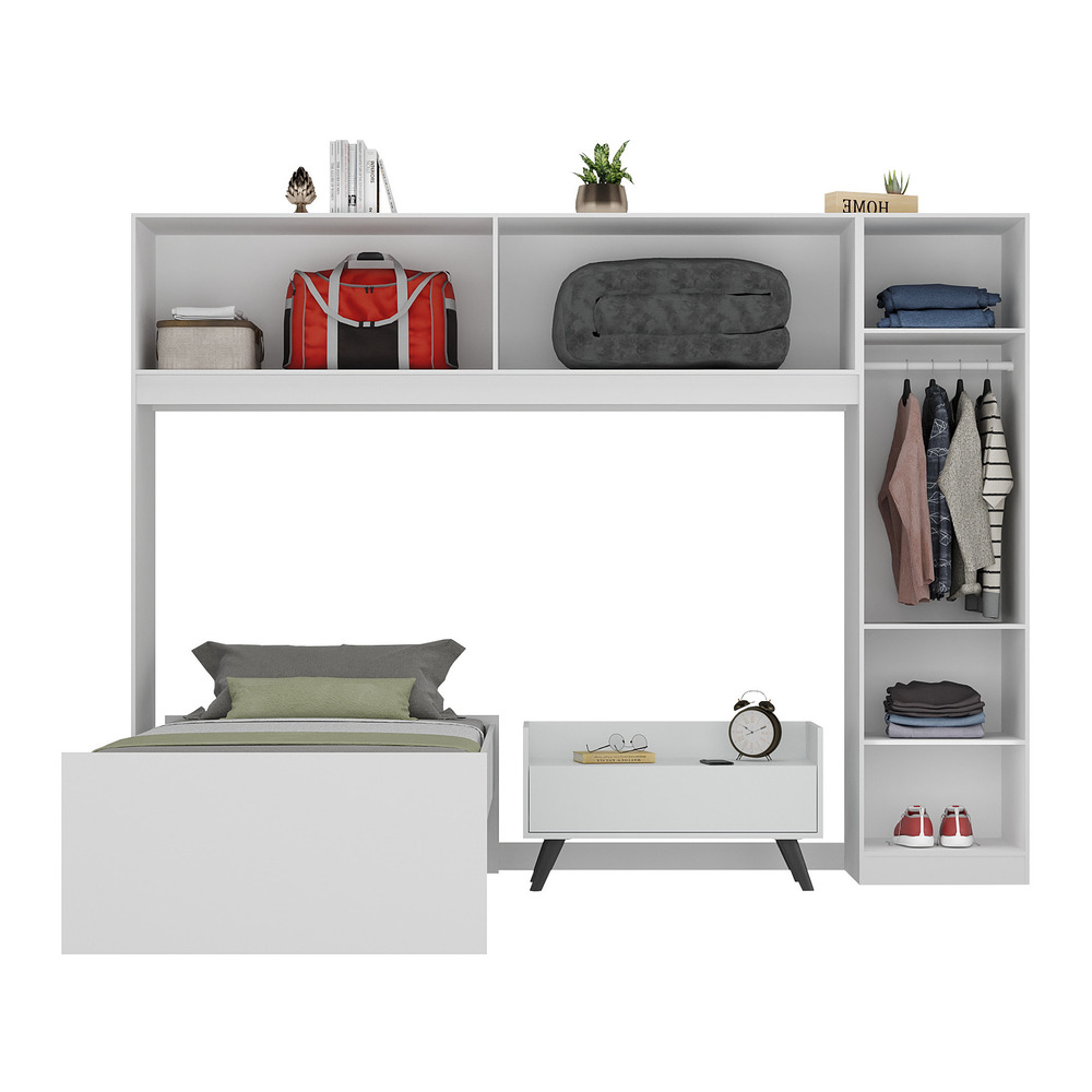 Cama de Solteiro com Colchão/Guarda Roupa/Mesa de Cabeceira Retrô Dublin Multimóveis MP4037 Bca/Pta