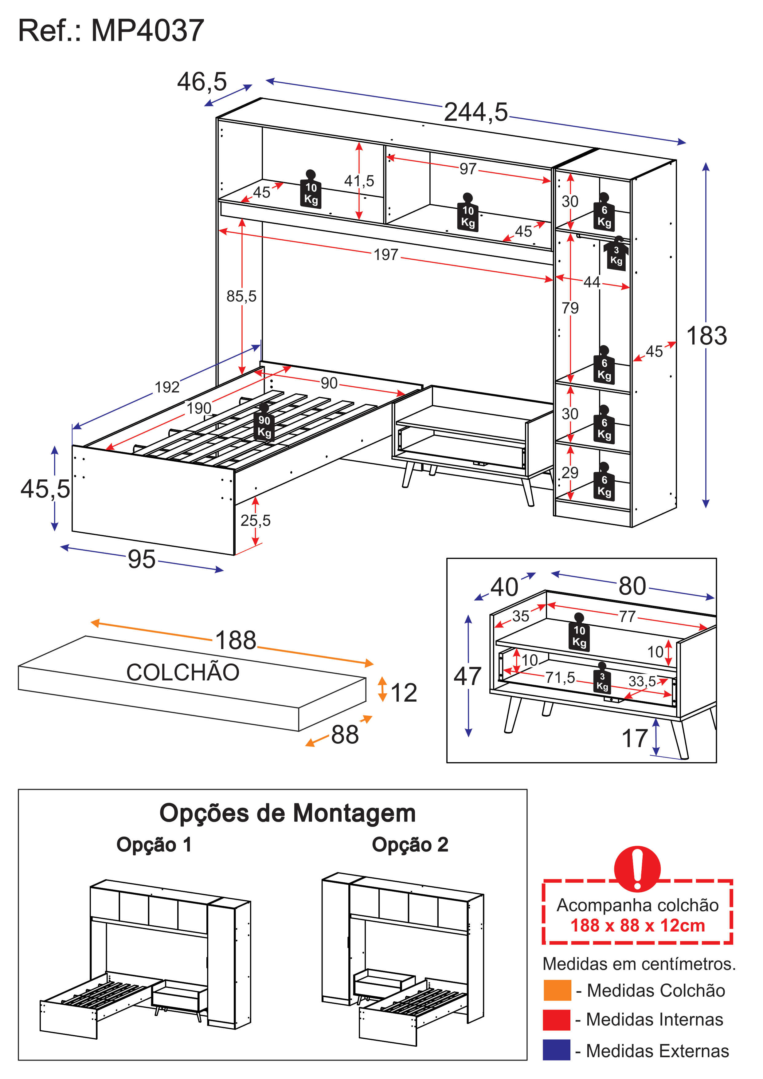 Cama de Solteiro com Colchão/Guarda Roupa/Mesa de Cabeceira Retrô Dublin Multimóveis MP4037 Bca/Pta