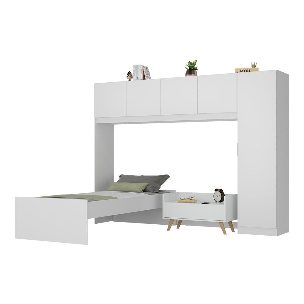 Cama de Solteiro com Guarda Roupa e Mesa de Cabeceira Retrô Dublin Multimóveis MP4033 Branca/Natural