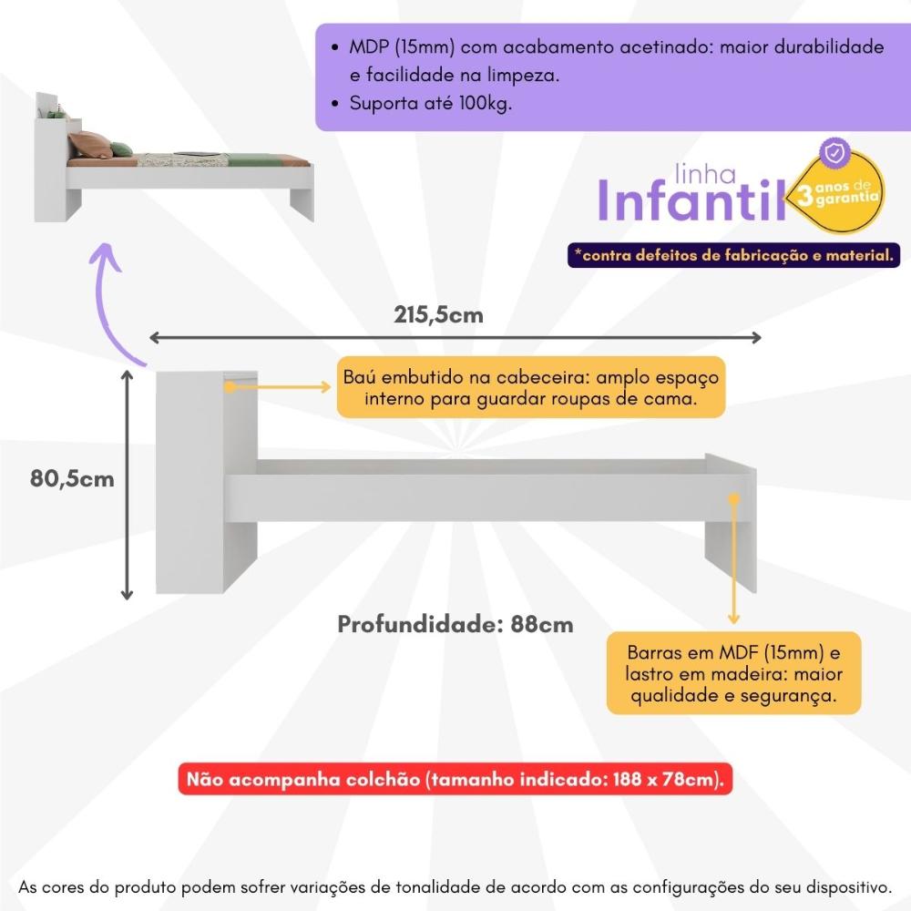 Cama de Solteiro para Colchão 188 x 78cm com Baú Embutido Multimóveis MP4229 Branco