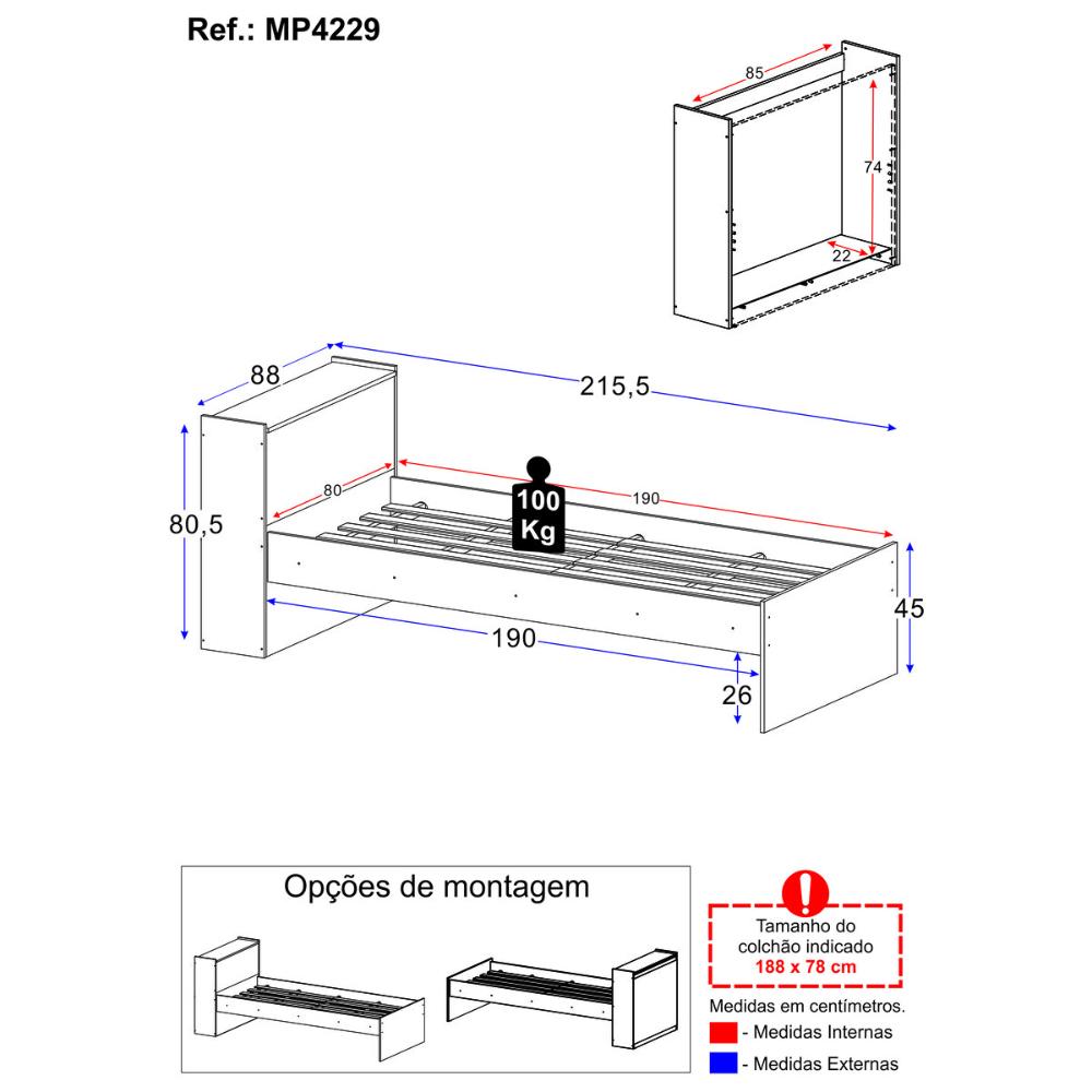 Cama de Solteiro para Colchão 188 x 78cm com Baú Embutido Multimóveis MP4229 Branco