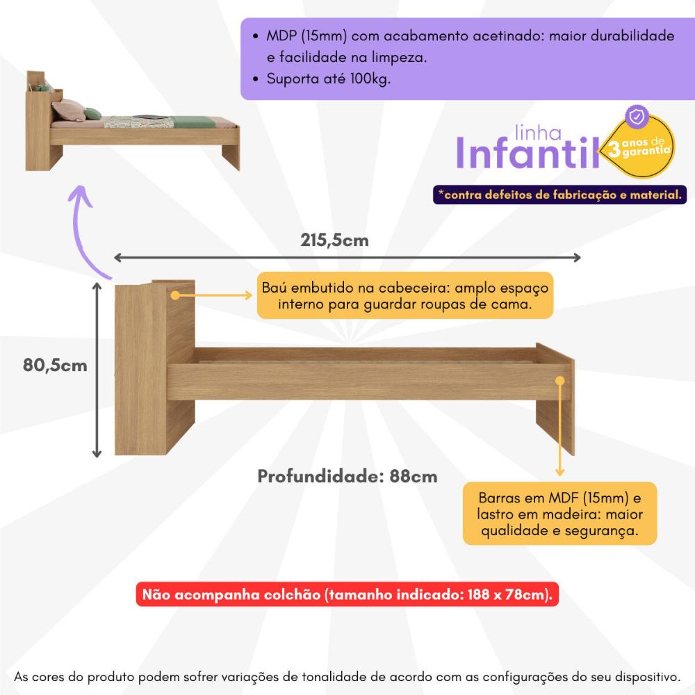 Cama de Solteiro para Colchão 188 x 78cm com Baú Embutido Multimóveis MP4229 Rustic