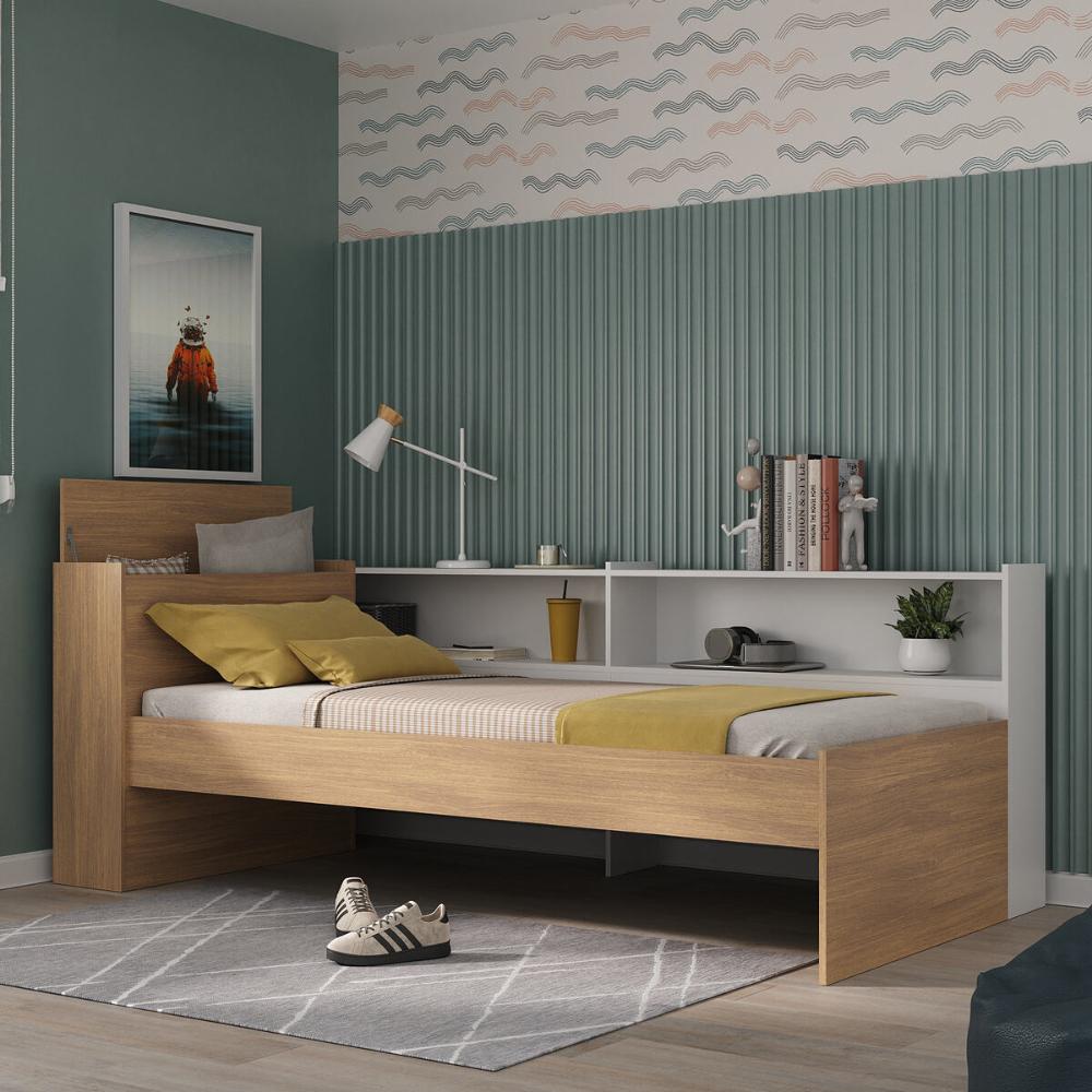 Cama de Solteiro para Colchão 188 x 78cm com Baú Embutido e Prateleira Multimóveis MP4257 Rustic/Branco