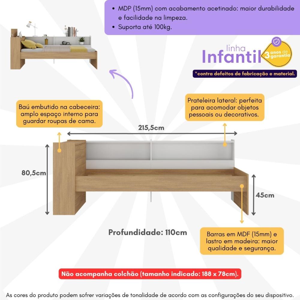 Cama de Solteiro para Colchão 188 x 78cm com Baú Embutido e Prateleira Multimóveis MP4257 Rustic/Branco