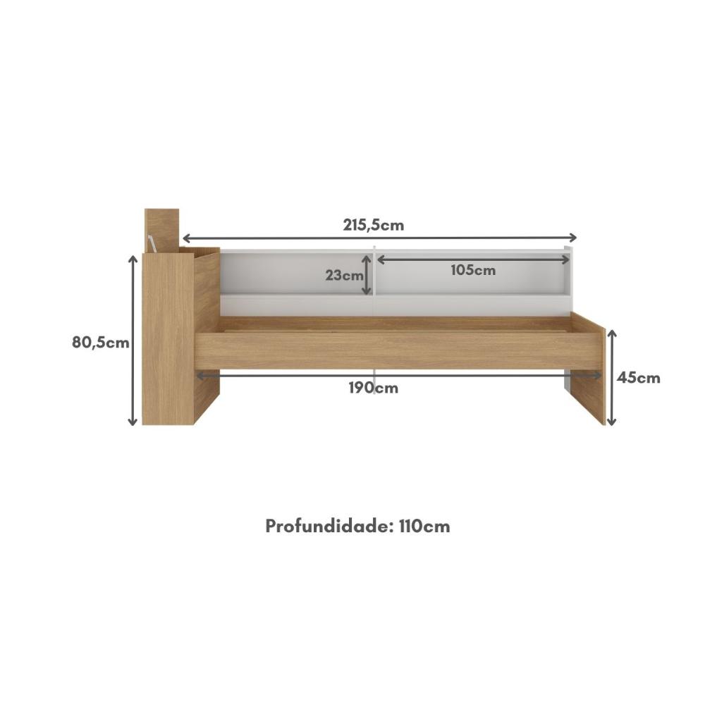 Cama de Solteiro para Colchão 188 x 78cm com Baú Embutido e Prateleira Multimóveis MP4257 Rustic/Branco