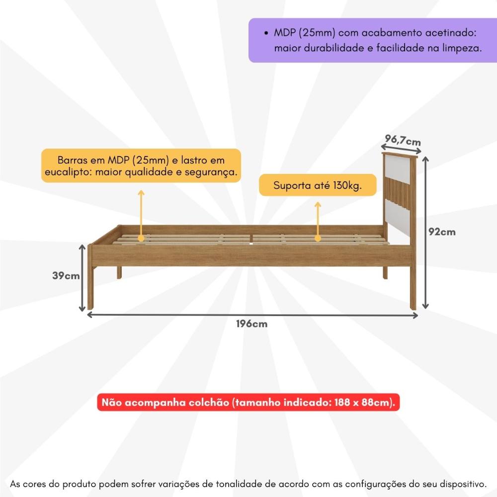 Cama de Solteiro para Colchão 88 x 188 cm Multimóveis CR35253 Amêndoa/Branco