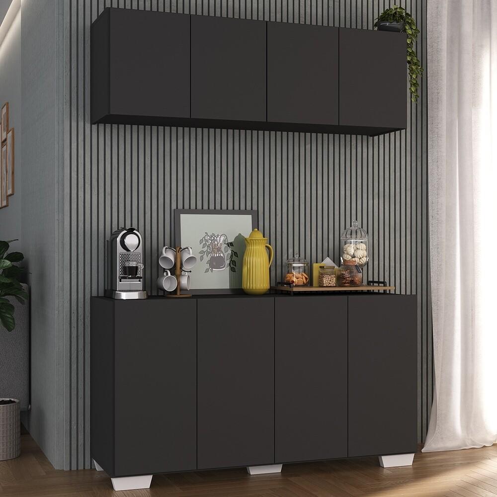 Conjunto Cantinho do Café Armário e Aparador 4 portas Multimóveis MP1085 Preto/Branco