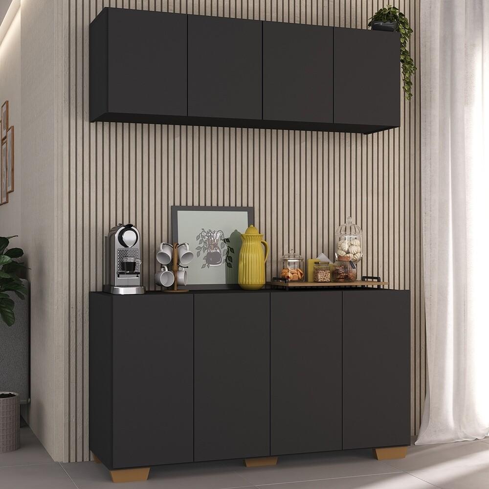Conjunto Cantinho do Café Armário e Aparador 4 portas Multimóveis MP1085 Preto/Natural
