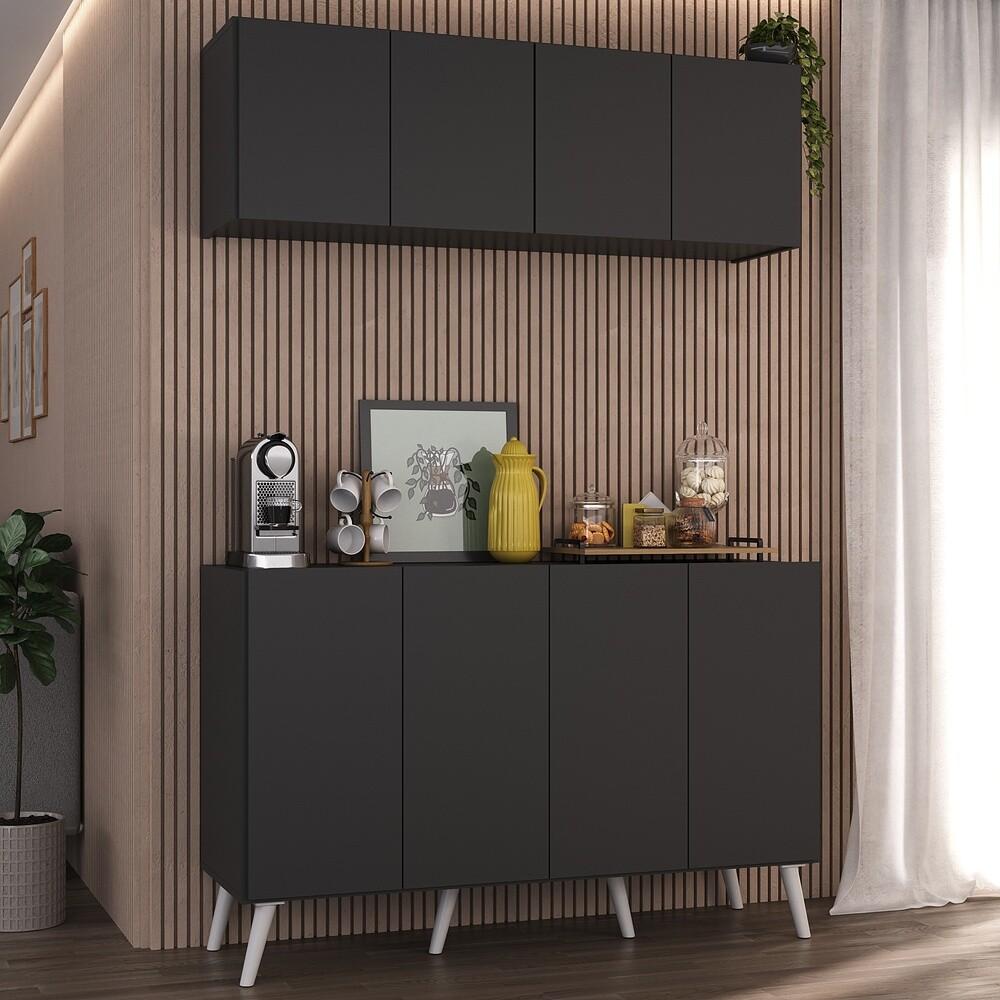 Conjunto Cantinho do Café Retrô Armário e Aparador 4 portas Multimóveis MP1084 Preto/Branco