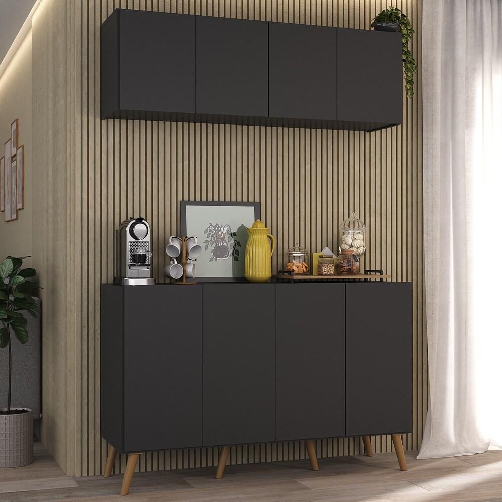 Conjunto Cantinho do Café Retrô Armário e Aparador 4 portas Multimóveis MP1084 Preto/Natural