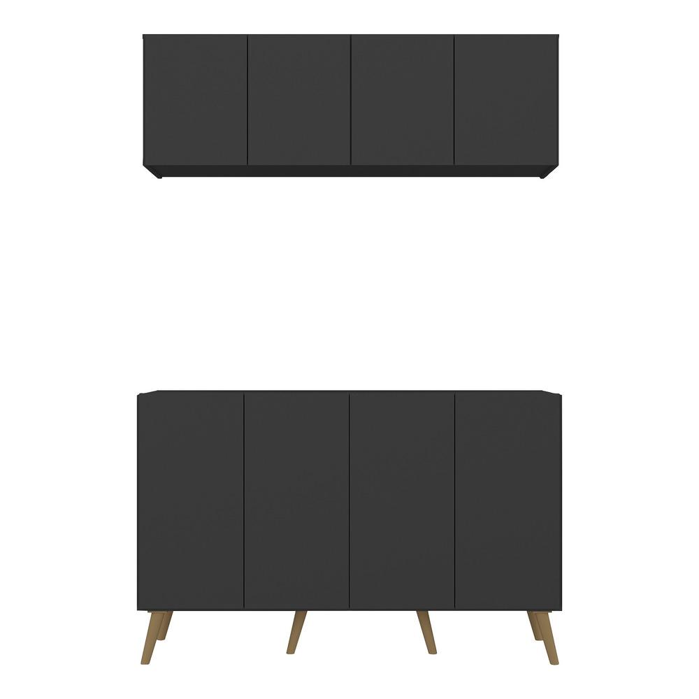 Conjunto Cantinho do Café Retrô Armário e Aparador 4 portas Multimóveis MP1084 Preto/Natural