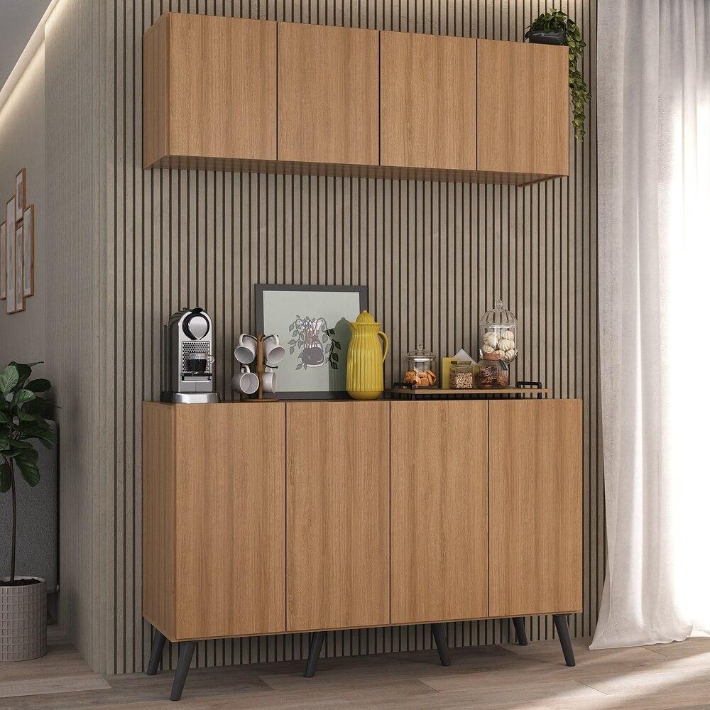 Conjunto Cantinho do Café Retrô Armário e Aparador 4 portas Multimóveis MP1084 Rustic/Preto