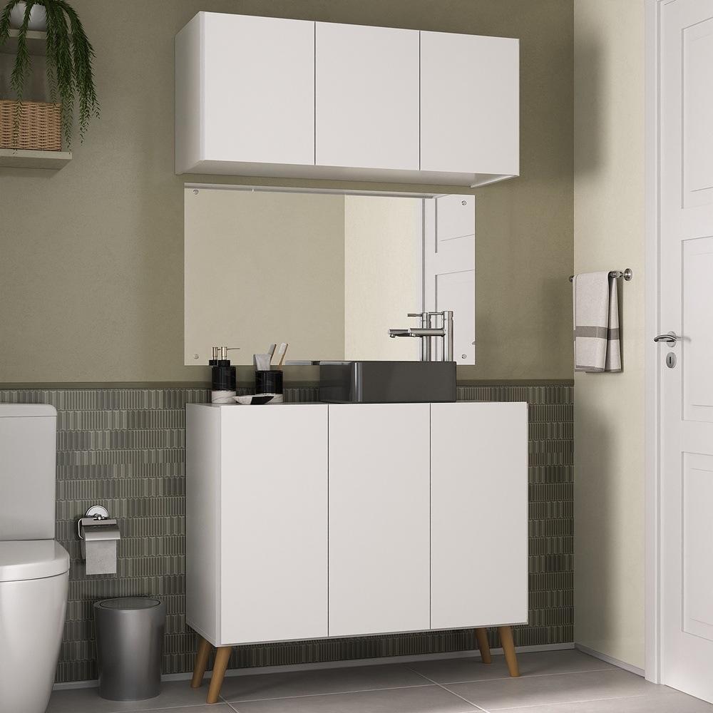 Conjunto Gabinete de Banheiro e Armário Aéreo 3 Portas Retrô Multimóveis MP5055 Branco/Natural