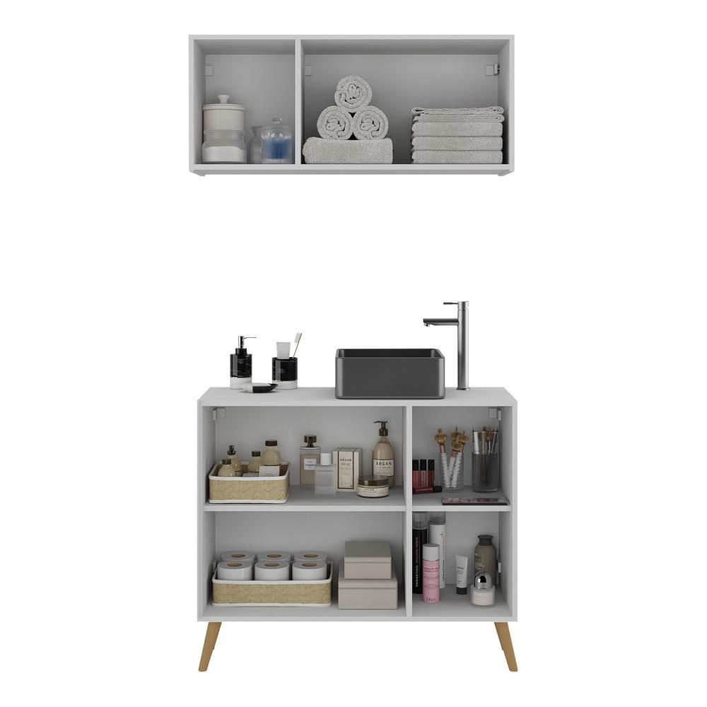 Conjunto Gabinete de Banheiro e Armário Aéreo 3 Portas Retrô Multimóveis MP5055 Branco/Natural