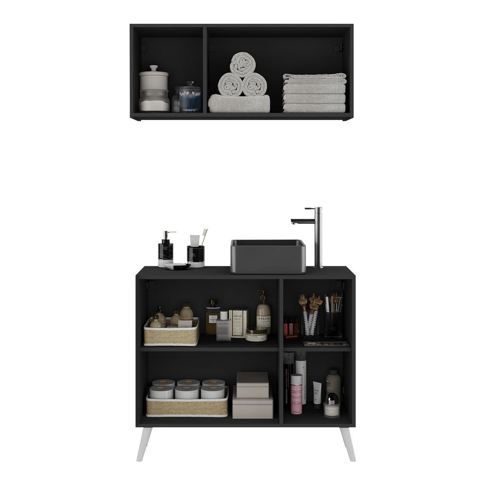 Conjunto Gabinete de Banheiro e Armário Aéreo 3 Portas Retrô Multimóveis MP5055 Preto/Branco