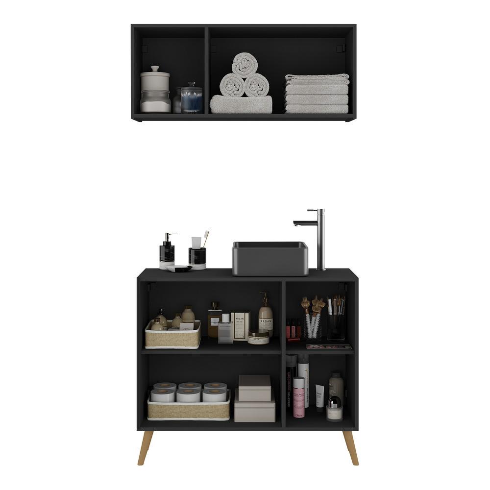 Conjunto Gabinete de Banheiro e Armário Aéreo 3 Portas Retrô Multimóveis MP5055 Preto/Natural