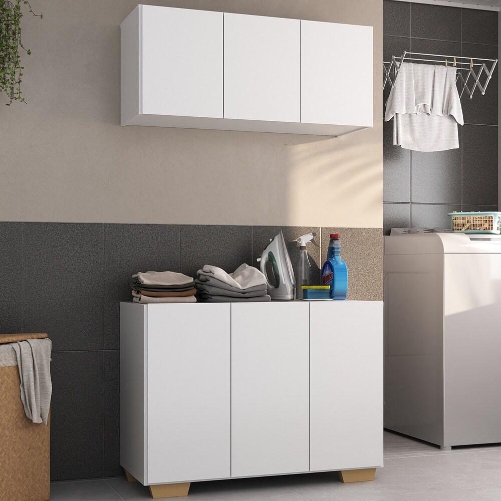 Conjunto Lavanderia Multiuso Armário Aéreo e Balcão 3 Portas Multimóveis MP5051 Branco/Natural