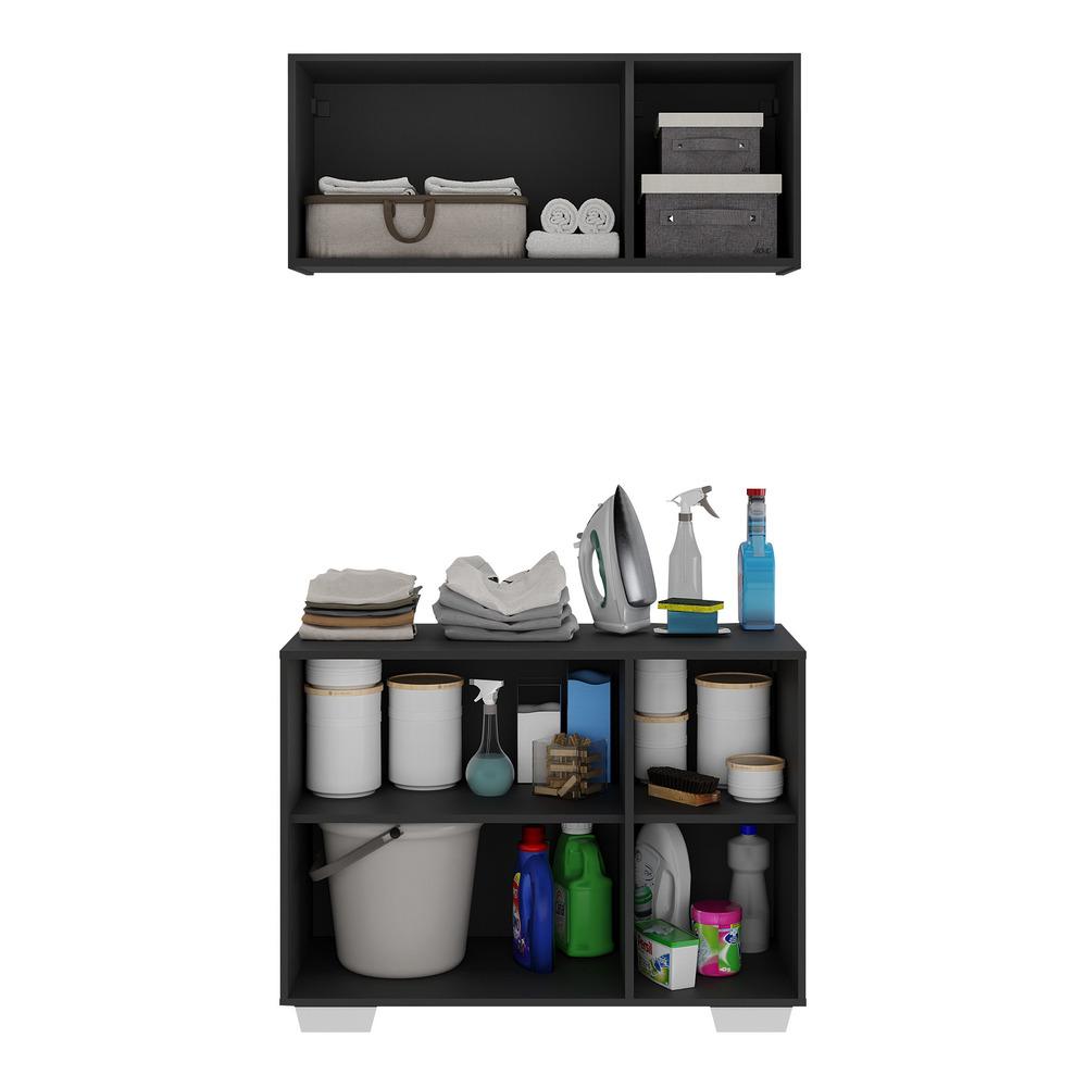 Conjunto Lavanderia Multiuso Armário Aéreo e Balcão 3 Portas Multimóveis MP5051 Preto/Branco