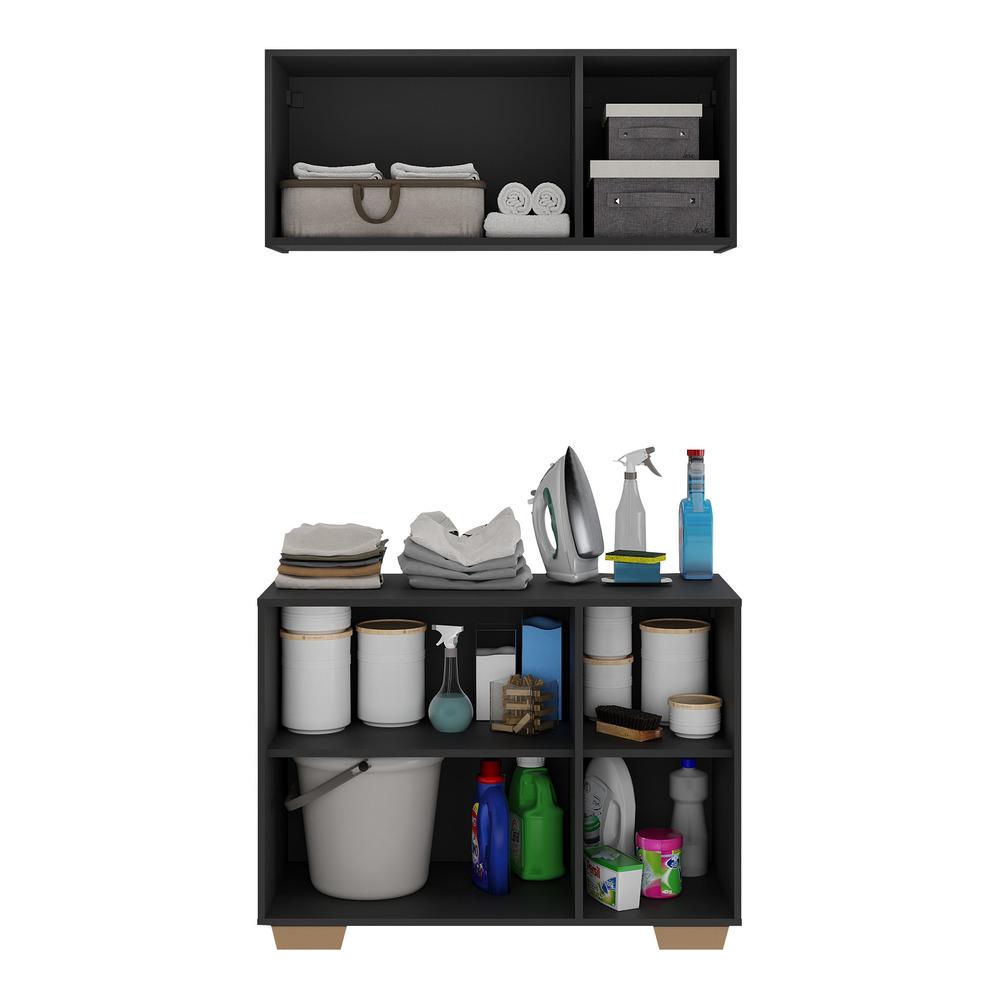 Conjunto Lavanderia Multiuso Armário Aéreo e Balcão 3 Portas Multimóveis MP5051 Preto/Natural