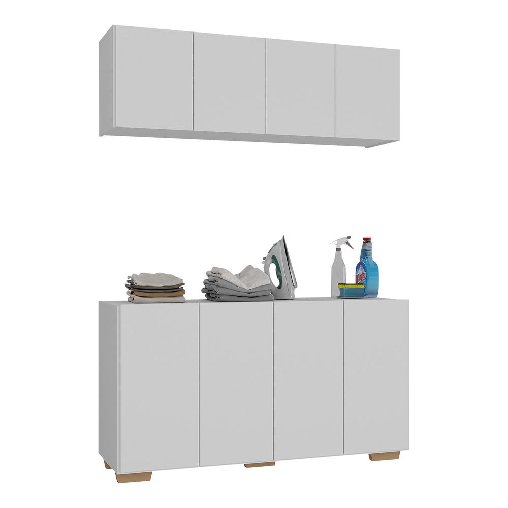 Conjunto Lavanderia Multiuso Armário Aéreo e Balcão 4 Portas Multimóveis MP5054 Branco/Natural