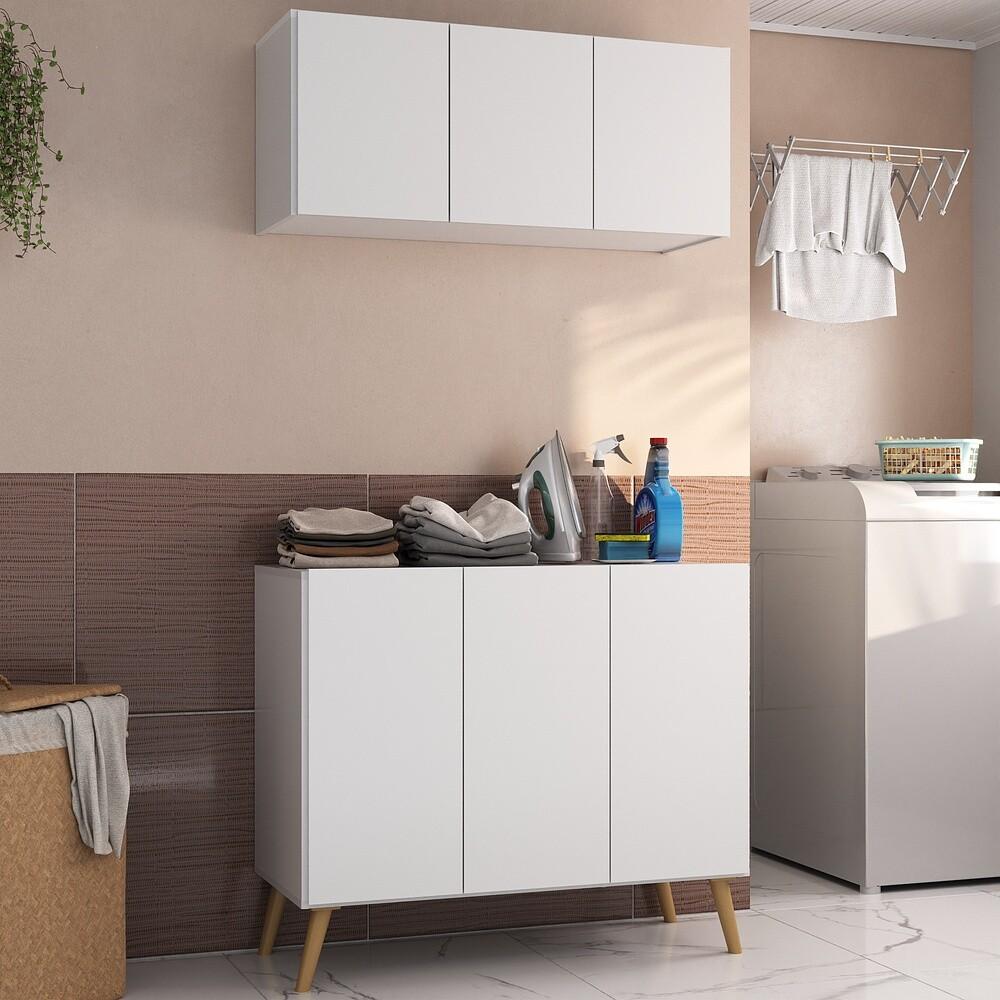 Conjunto Lavanderia Retrô Multiuso Armário Aéreo e Balcão 3 Portas Multimóveis MP5050 Branco/Natural