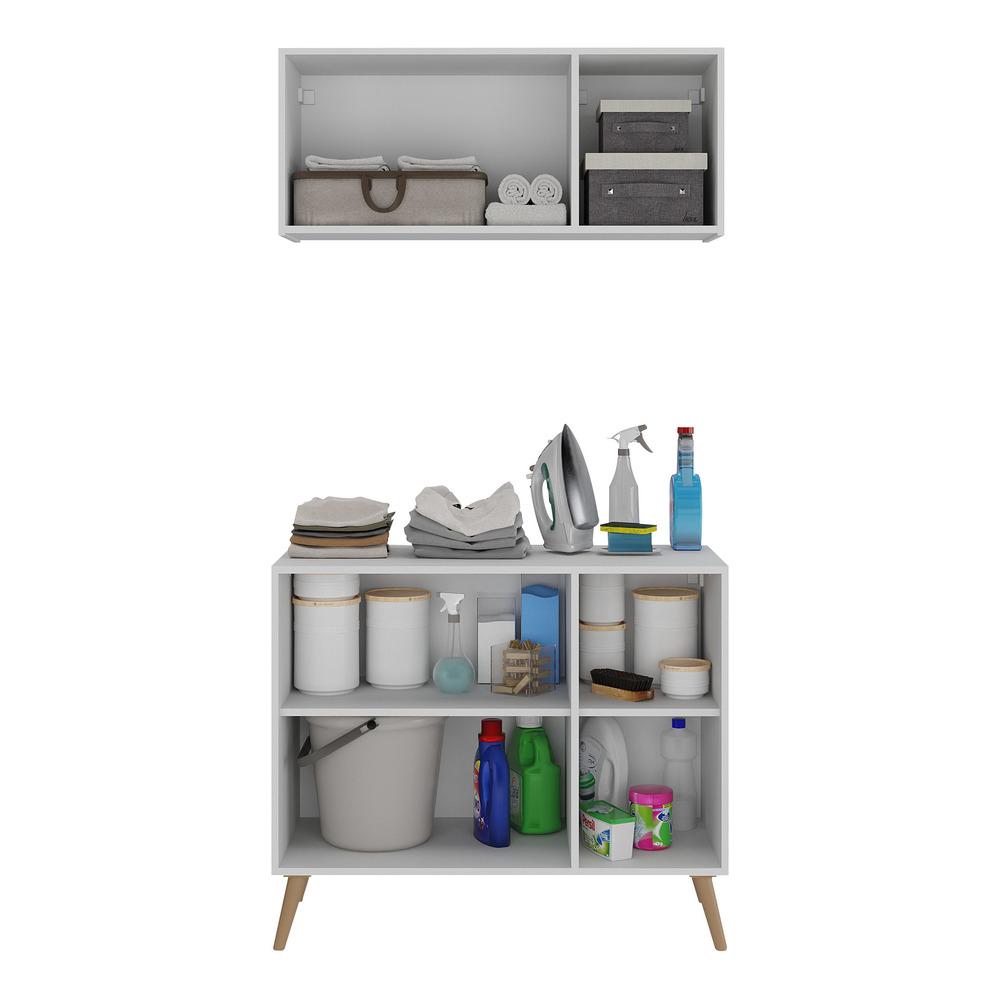 Conjunto Lavanderia Retrô Multiuso Armário Aéreo e Balcão 3 Portas Multimóveis MP5050 Branco/Natural