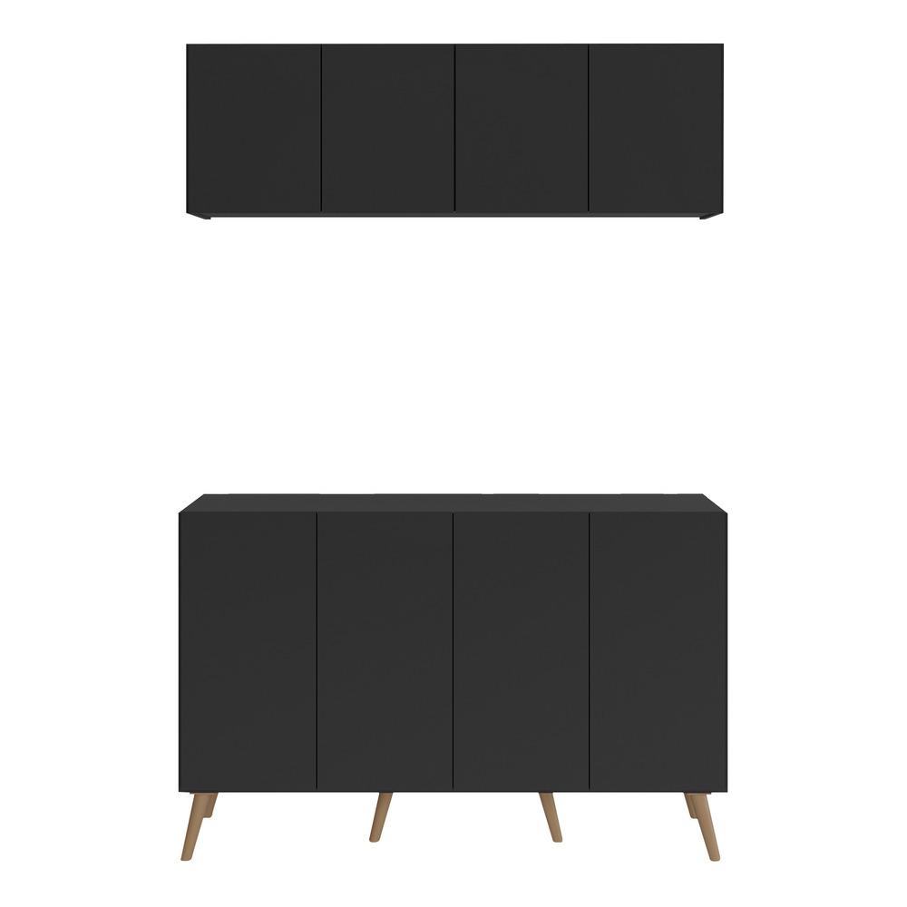 Conjunto Lavanderia Retrô Multiuso Armário Aéreo e Balcão 4 Portas Multimóveis MP5053 Preto/Natural