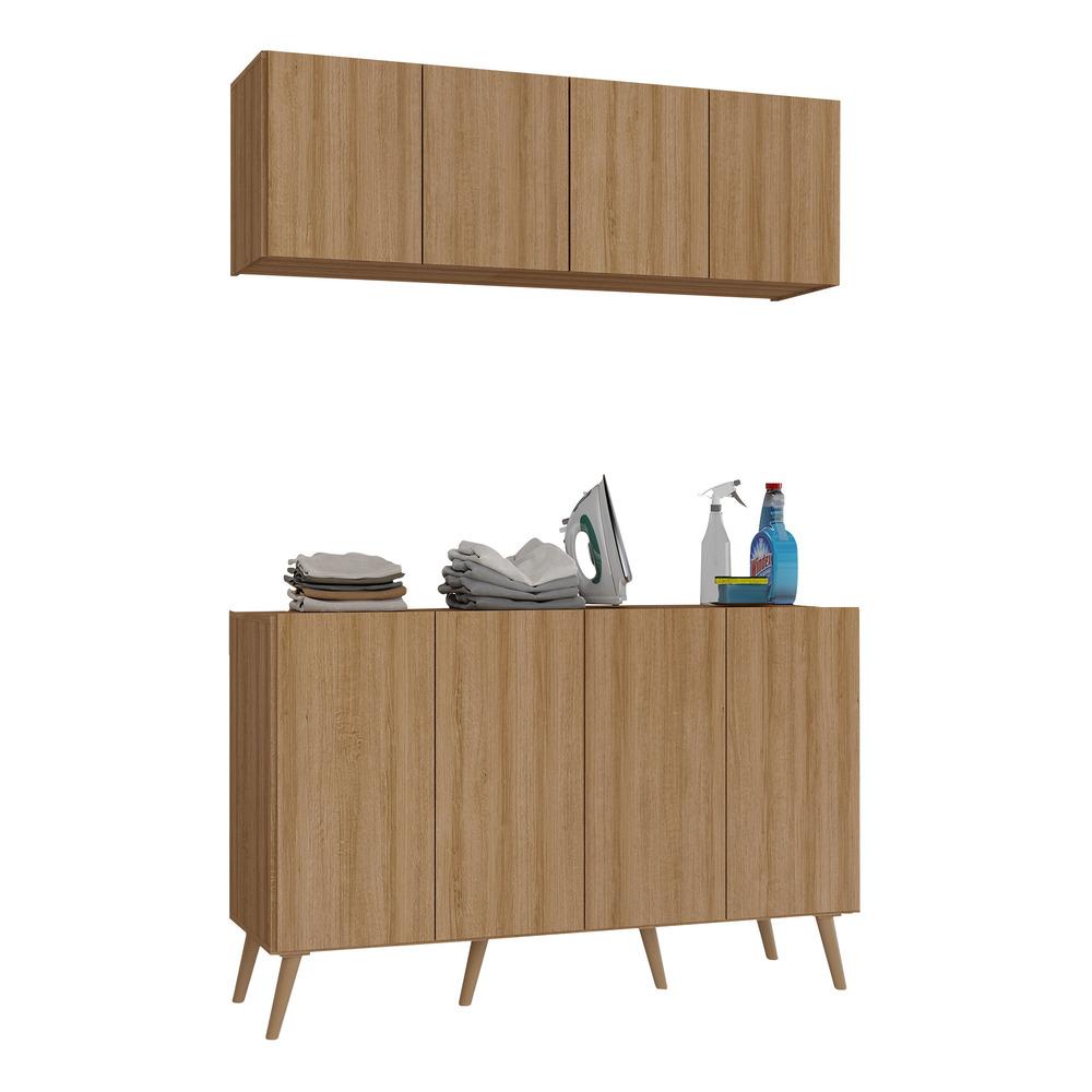 Conjunto Lavanderia Retrô Multiuso Armário Aéreo e Balcão 4 Portas Multimóveis MP5053 Rustic/Natural