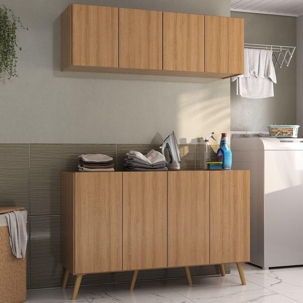 Conjunto Lavanderia Retrô Multiuso Armário Aéreo e Balcão 4 Portas Multimóveis MP5053 Rustic/Natural