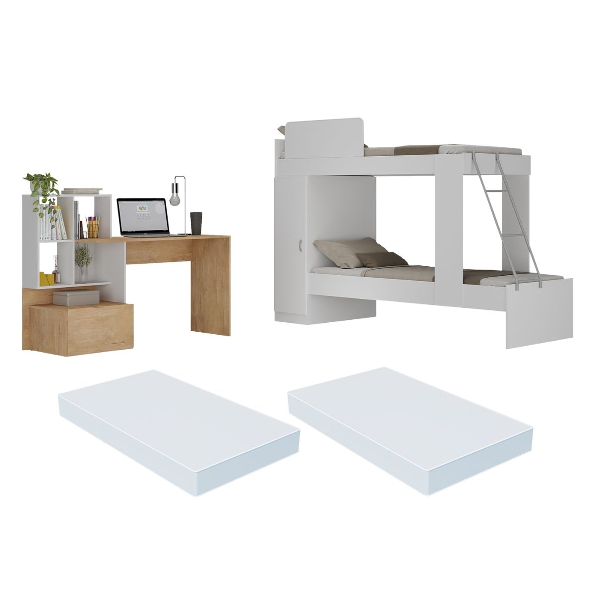 Conjunto Quarto Beliche com Colchão/Escrivaninha Multimóveis MP4227 Branco/Rustic