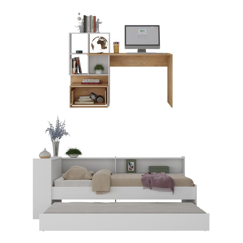 Conjunto Quarto Bicama Baú com Prateleira e Escrivaninha Multimóveis MP4126 Branco/Rustic