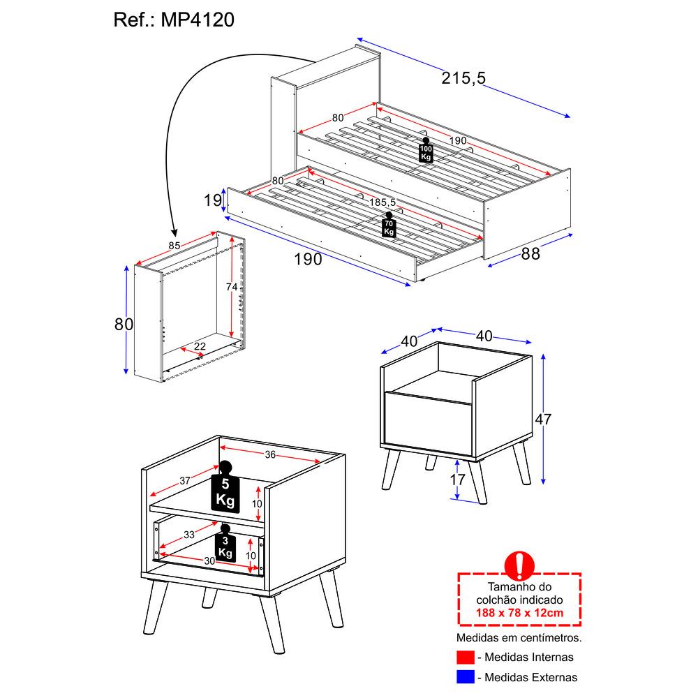 Conjunto Quarto Bicama com Baú e Mesa de Cabeceira Retrô Multimóveis MP4120 Branco/Natural