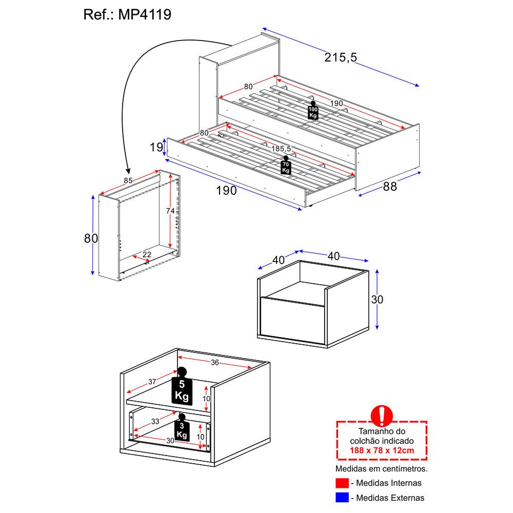 Conjunto Quarto Bicama com Baú e Mesa de Cabeceira Suspensa Multimóveis MP4119 Branco
