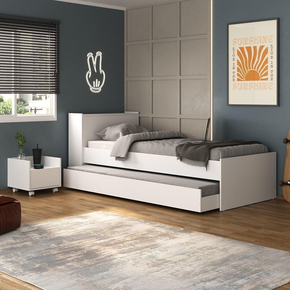 Conjunto Quarto Bicama com Baú e Mesa de Cabeceira com Rodízios Multimóveis MP4121 Branco