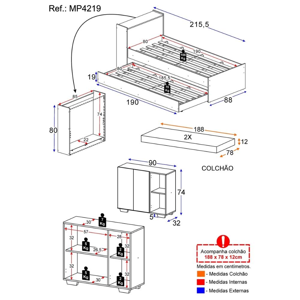 Conjunto Quarto Bicama com Colchão e Baú/Balcão 2 Portas Multimóveis MP4219 Branco